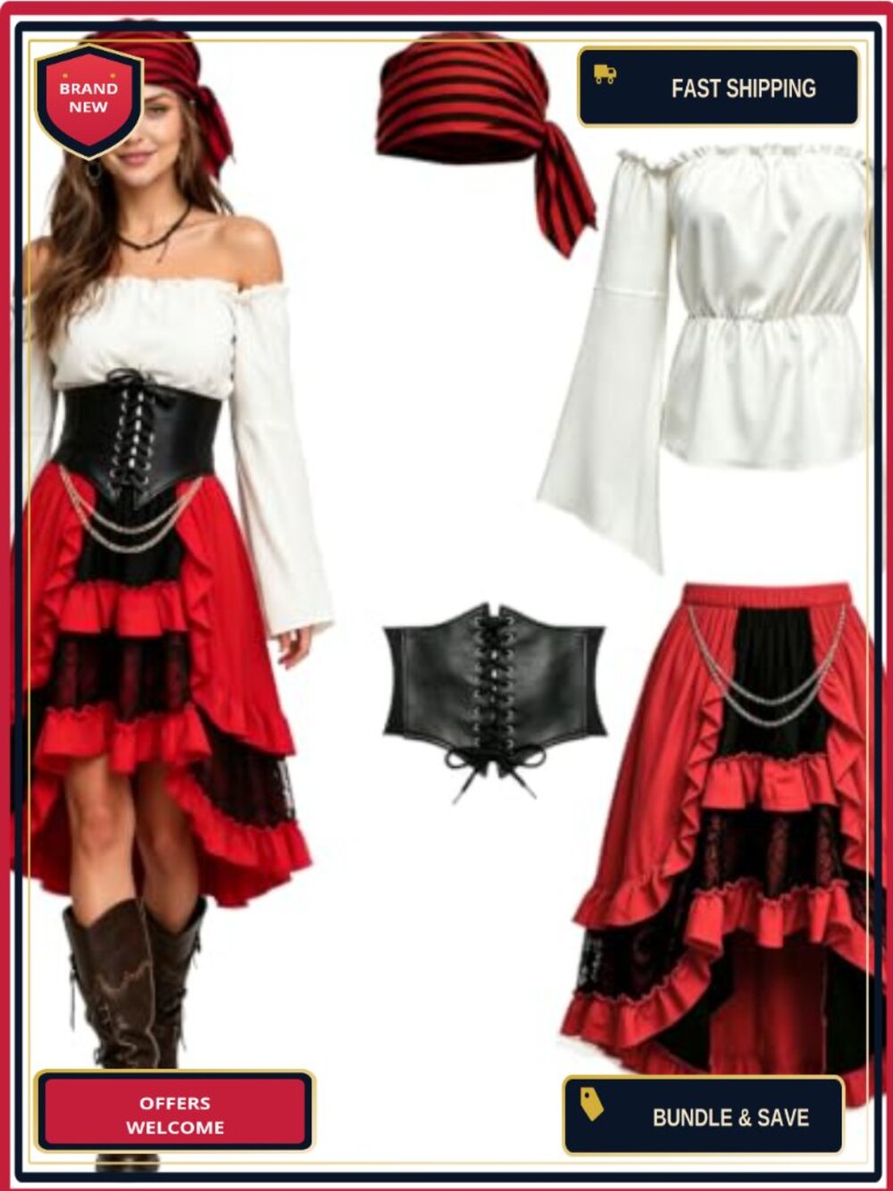 Womens Pirate Costume Corset Belt Ruffled High Low Skirt Ren Faire Outfit